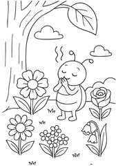 Coloring book aphid smelling flowers in a garden.