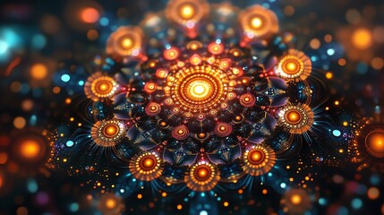 Abstract Bright Orange and Blue Geometric Pattern with Light Effects for Digital Art or Technology Themes