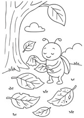 Coloring book aphid collecting fallen leaves.