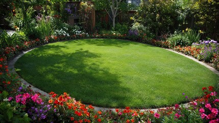 Fototapeta premium A vibrant circular lawn surrounded by a colorful flower bed, creating a serene outdoor oasis.