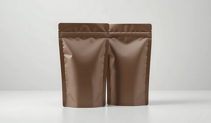 Two blank brown stand-up pouches on a white background. Perfect for packaging mockups.