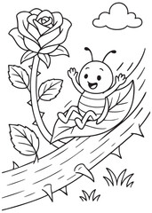 Coloring book page of aphid riding on a rose branch.