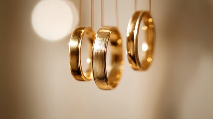 Three golden wedding bands hanging vertically with soft light highlighting their shine.