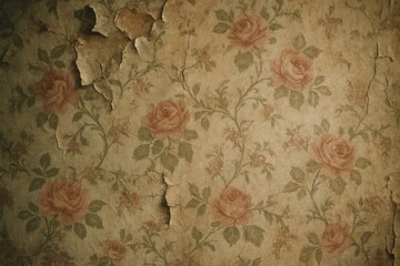 Grungy vintage wallpaper with peeling texture and faded floral rose pattern. An antique background displaying decay and history perfect for retro designs.