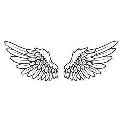 Hand-Drawn Vector Outline Symmetrical Angel Wing Pair with Three Layered Feather Sections and Soft Curved Line Art in Black on White Background
