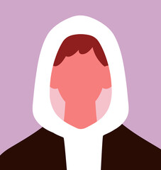 Male portrait, abstract character avatar, head in hood. Faceless anonymous person, human. Empty blank unknown man face, incognito, modern-style poster, user profile. Flat vector illustration