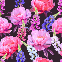 Pattern with peonies and lupine flowers. Vector floral pattern with summer flowers and peonies. For paper, fabric, packaging and interior design.