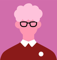 Abstract male student portrait. Faceless young character with smart look, glasses, poster in minimal modern style. Man, face avatar in eyeglasses, head, user profile. Flat vector illustration