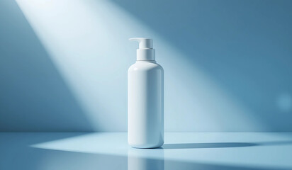 Blank white spray bottle mockup on a light blue background. Clean, minimalist design, perfect for showcasing your product.