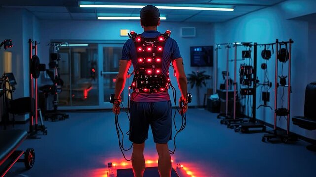 Person in motion capture suit in a lab