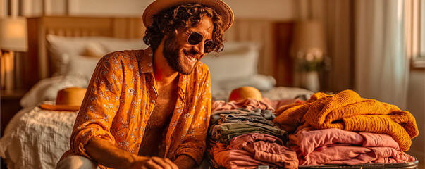 Man with straw hat and sunglasses organizing colorful clothes in suitcase on bed Generated with AI