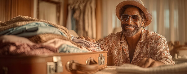 Smiling man with hat and sunglasses checking folded clothes in open suitcase in modern room Generated with AI