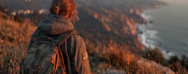 Woman seen from behind with backpack observing rocky coast illuminated by warm golden light at sunset Generated with AI