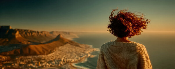 Woman in profile with curly hair blowing in wind facing urban bay, mountains at sunset Generated with AI