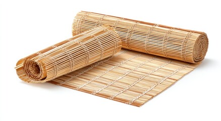 Two rolled and unrolled light brown bamboo mats, tightly woven, showing texture and natural grain, isolated on white