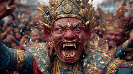 Obraz premium Roaring Lakhey Mask Dancer in Indra Jatra Festival in Kathmandu with Crowd and Confetti