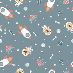 Naklejka premium Seamless print with spaceships, planets, stars, rockets and capybara astronaut