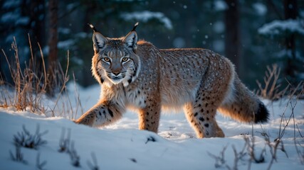 Fototapeta premium Lince europeo caminando por bosque nevado 