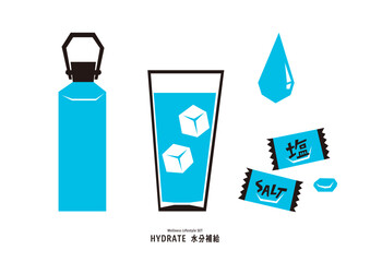 Healthy Lifestyle &ndash; Flat Hydration & Summer Health Illustration Set (Black + Aqua Blue)
健康とライフスタイルのフラットイラストセット（水分補給・夏の健康）