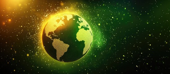Glowing Earth in shades of green and gold surrounded by sparkling particles against dark cosmic background. Perfect for themes of environmental protection, global innovation or digital connectivity