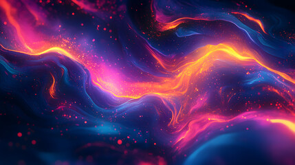Abstract shapes in bold neon colors, creating a digital landscape of swirling patterns and electric energy