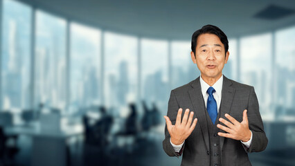 オフィスで演説するエグゼクティブ男性
