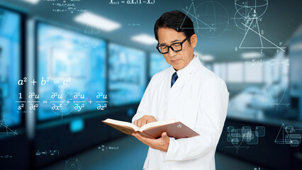 研究所で本を読む研究者と科学技術イメージ