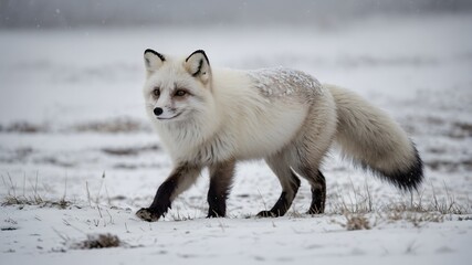 Fototapeta premium Zorro ártico caminando en paisaje nevado 