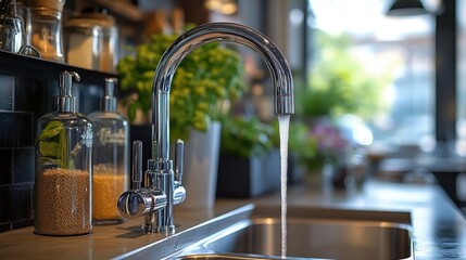 Modern kitchen faucet running water, blurred cafe background