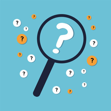 Magnifying Glass with Question Marks on Blue Background &ndash; Search Concept Flat Vector Design