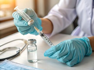 Doctor wearing blue gloves prepares a syringe with liquid from a vial