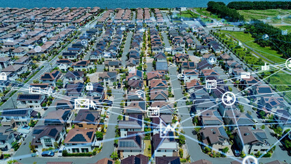 residential area, network, aerial view, house, iot, technology, construction, tech, solar panel,...