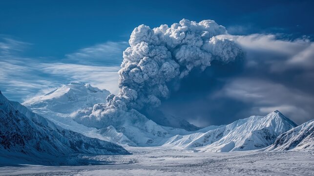 Majestic volcano erupts sending ash plume high into the clear blue sky over snowy mountains - Powered by Adobe