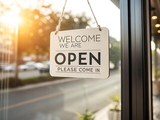 Welcome open please come in sign hanging on glass door with sunlight