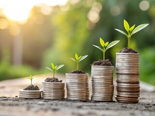 Green shoots growing from stacks of coins symbolizing financial growth and investment