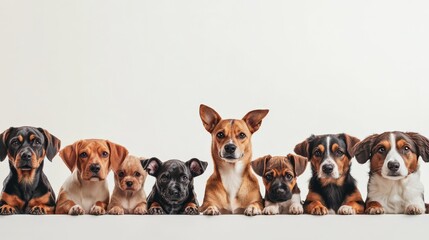 Eight adorable puppies peeking over white surface in studio