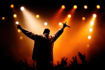 A performer stands on stage with arms raised, holding a microphone, facing an enthusiastic crowd under dramatic orange stage lights