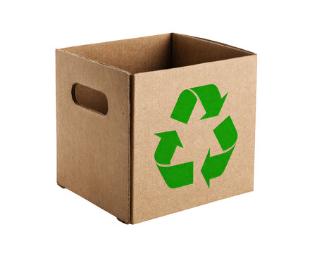 Brown cardboard box recycle symbol green arrow isolated transparency background eco friendly container packaging storage sustainability environment waste reuse clean simple empty handle square
