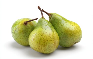 Three dewy, pale-green pears clustered together on a white background, showcasing their smooth skin and subtle russeting