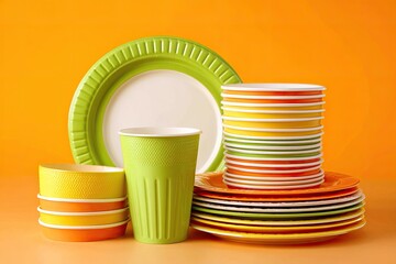 Vibrant lime, orange, and yellow disposable plates, bowls, and cups stacked against an orange background