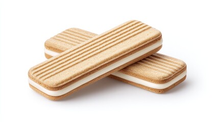 Two rectangular cream-filled biscuits, light brown, with parallel grooved tops, lie crisscrossed against a stark white backdrop