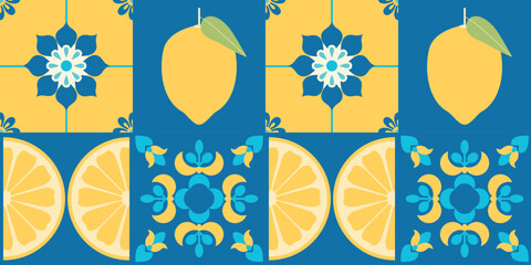 Mediterranean tiles seamless pattern with lemons. Blue and yellow background. Amalfi coast vibes. Abstract geometric floral ornament. Italian, Portuguese, Spanish traditional style. Mosaic. Vector.
