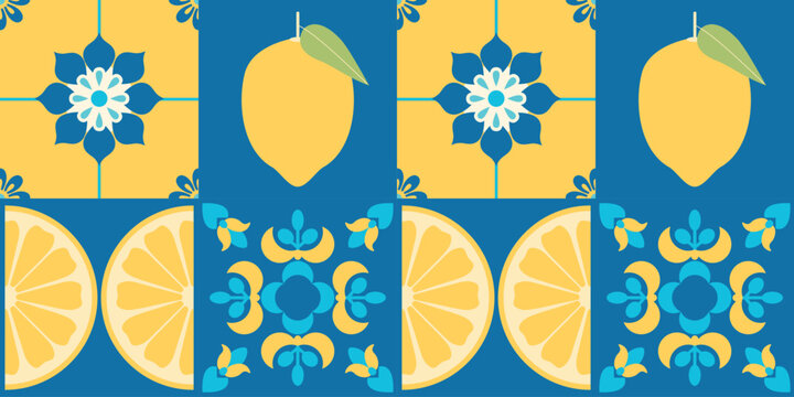 Mediterranean tiles seamless pattern with lemons. Blue and yellow background. Amalfi coast vibes. Abstract geometric floral ornament. Italian, Portuguese, Spanish traditional style. Mosaic. Vector.