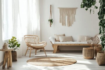 Clean design room with scattered decor, soft wooden accents and copy space on wall