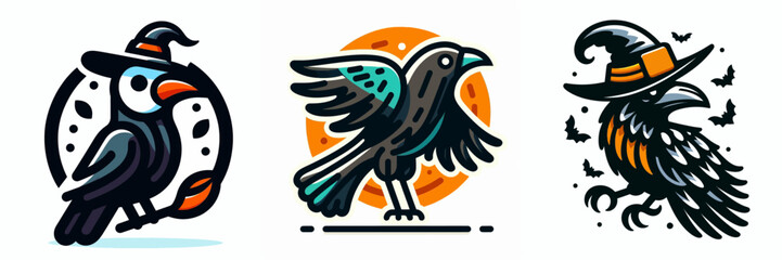 Halloween Crow. Spooky Clipart Elements Line Art Vector Illustration. autumn raven prop decoration for festive fright night theme.