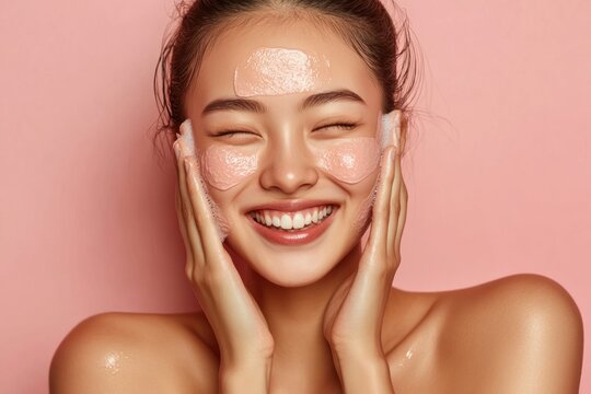 Clean beauty theme, Asian woman smiling and cleaning skin, calm joyful expression