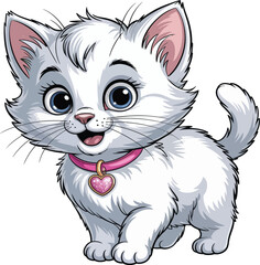 Obraz premium A cute, funny, domestic feline character illustration with a big smile, sitting with its tail curled