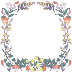 Yellow white flowers, clover, acorns. Fairy magical forest floral frame. Isolated template border in folk doodle style.