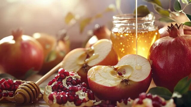 A jar of honey is on a table with a sliced apple and a piece of fruit. The apple is cut in half and the honey is poured over it