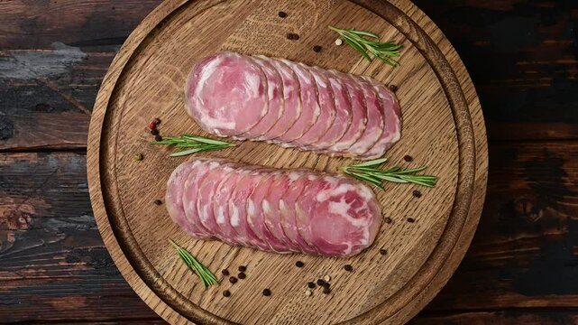 Sliced italian coppa capocollo on rustic wooden board with herbs and peppercorns